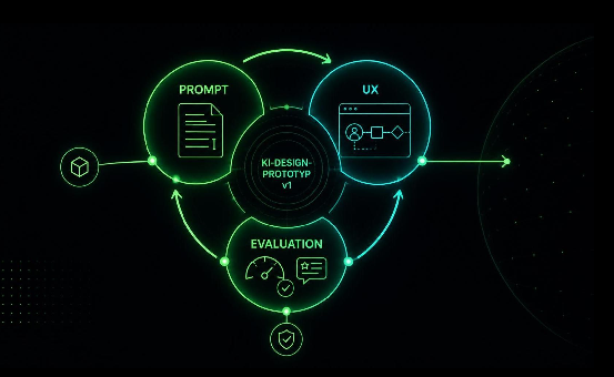 Illustration eines KI-Design-Prototyps als erste Version mit klaren Modulen für Prompt, UX und Evaluation